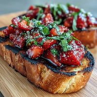 Erdbeer-Balsamico-Bruschetta auf gegrilltem Sauerteig mit frischem Basilikum und Sirup.