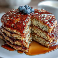 Flauschige High Fiber Protein Pancakes mit Leinsamen, serviert mit Beeren.